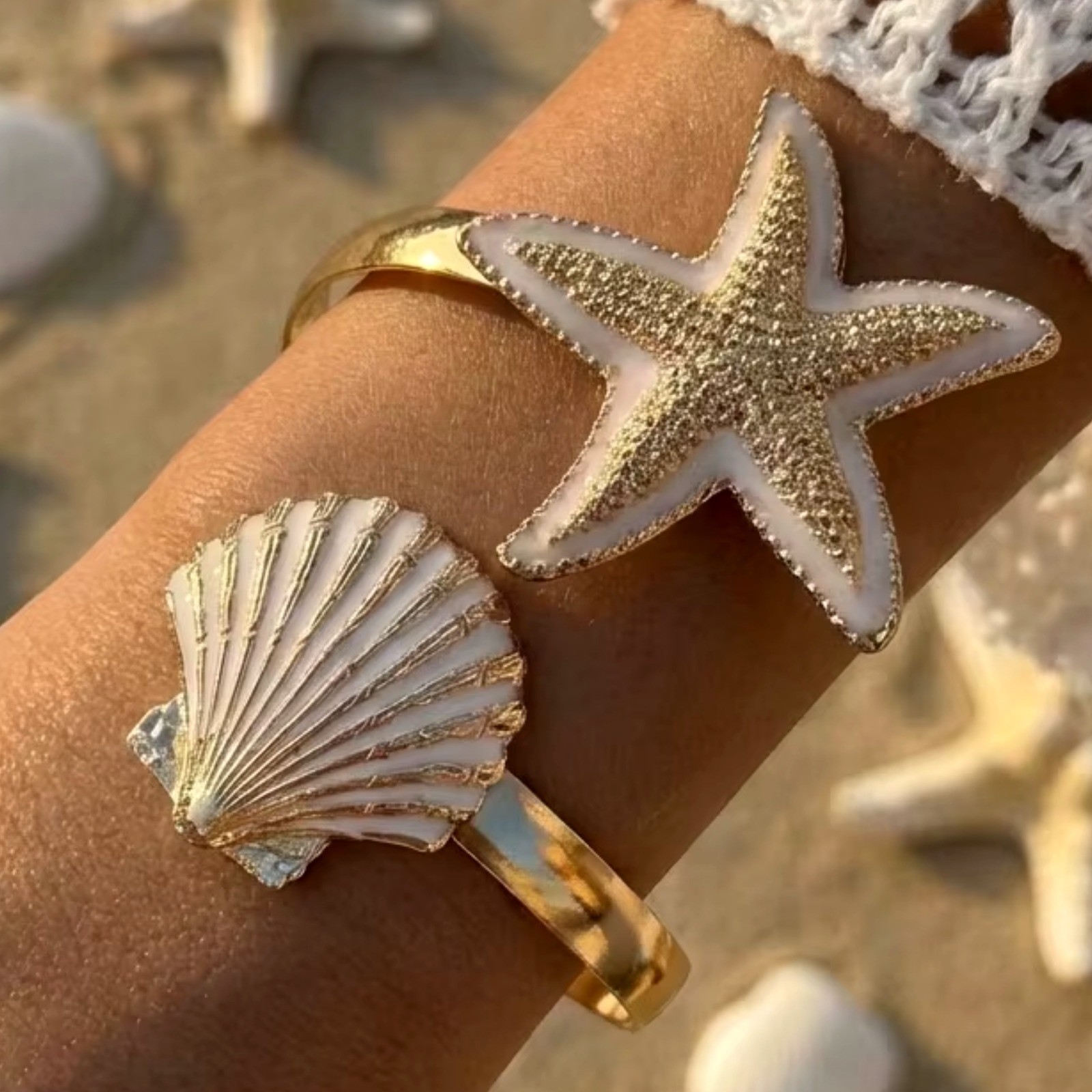 Enamel Starfish Seashell Cuff Bracelet Gold Tone Beach Ocean Bangle Womens