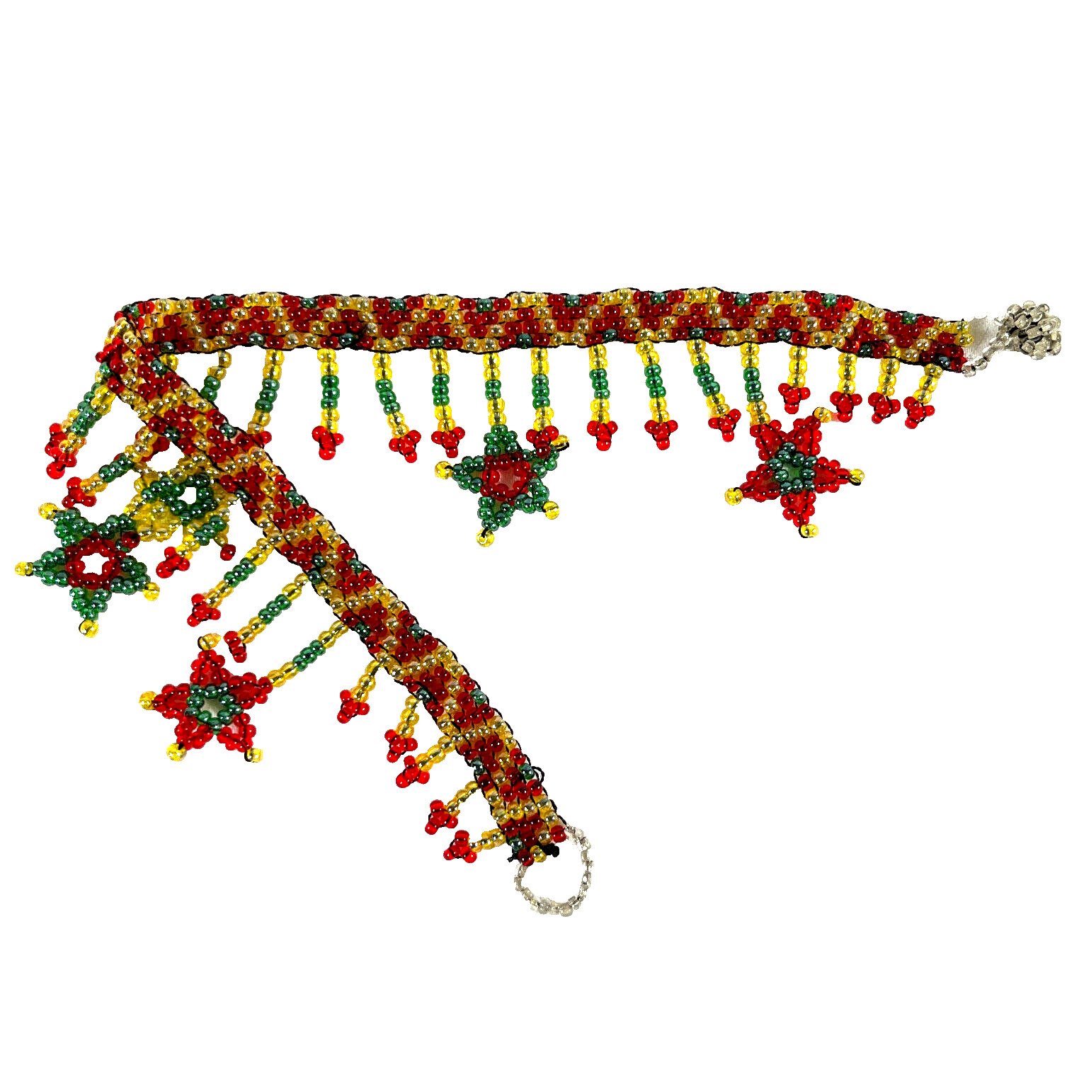 Seed bead woven dangle bracelet green red yellow boho stars ethnic handmade J