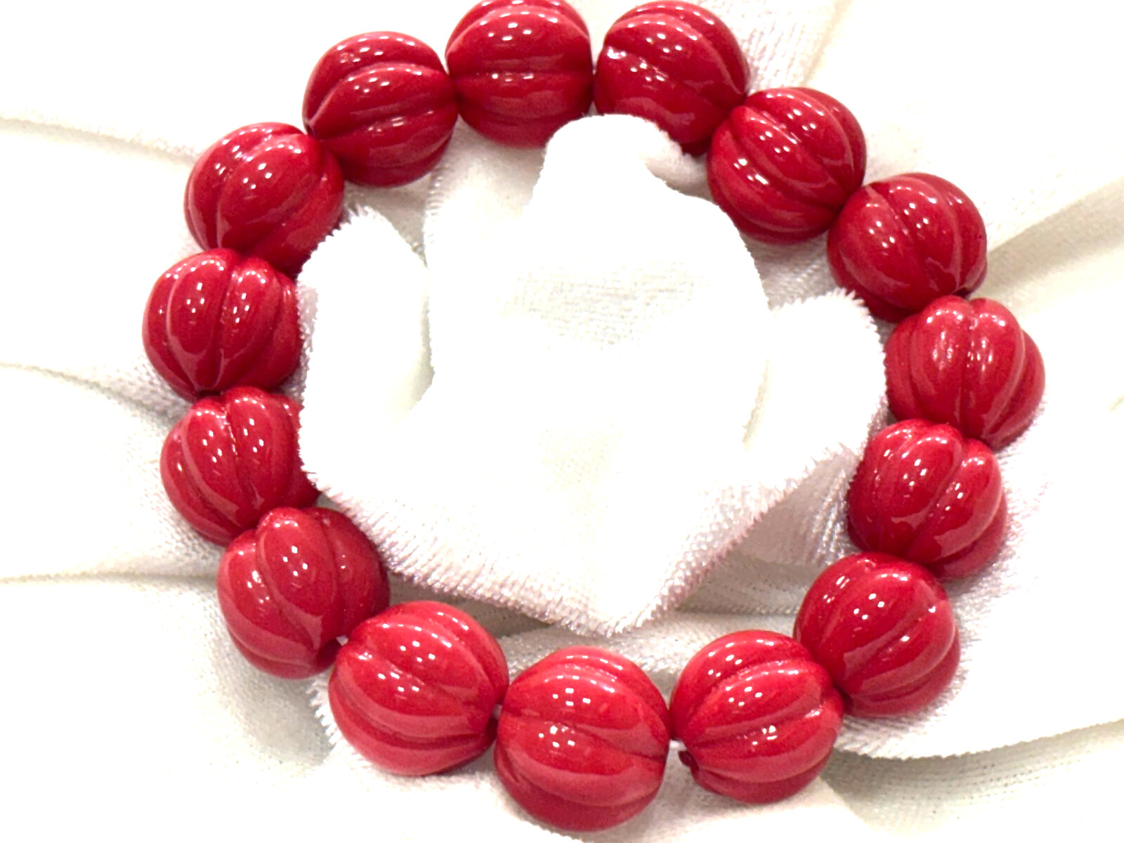 RED CORAL MELON CARVED 13 MM SMOOTH GEMSTONE BEADS 7″INCH 1 BRACELET
