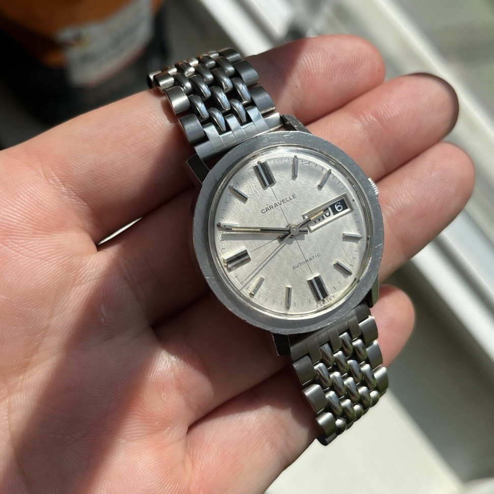 Caravelle Automatic Day-Date, linen dial, original lume, AS 1906, excellent time