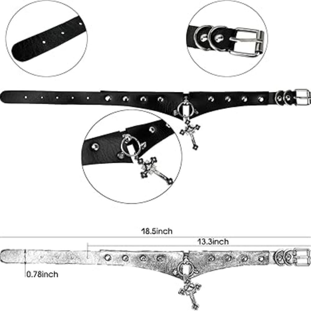 Black Gothic Leather Choker Necklace with Cross Pendant