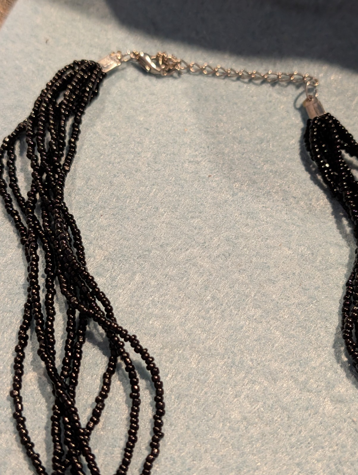 Bllack Seed Bead Necklace Iridescent Square Mother of Pearl Pendant