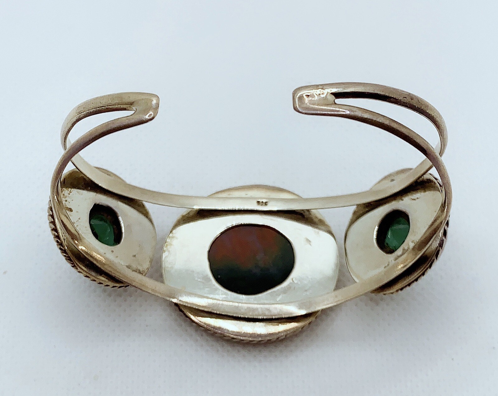 VTG 925 STERLING SILVER OCEAN JASPER & DIAMOND CUT CLASS CUFF BRACELET 43.3g #BK