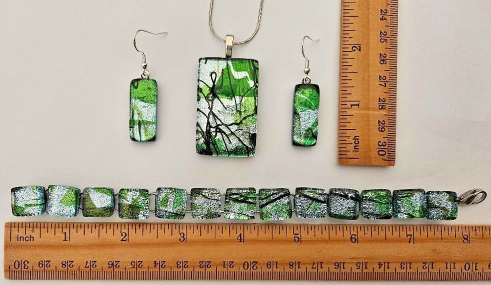 Handcrafted Silver, Green, Black Fused Dichroic Glass Pendant, Earring, Bracelet
