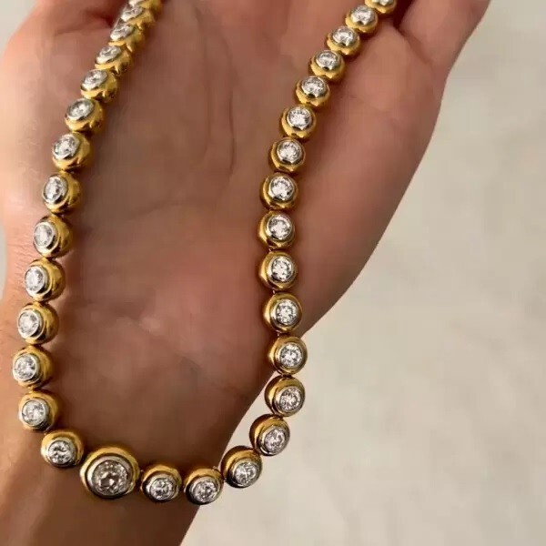 49Ct Lab Created Bezel Set Diamond 14k Yellow Gold Plated Modern Tennis Necklace