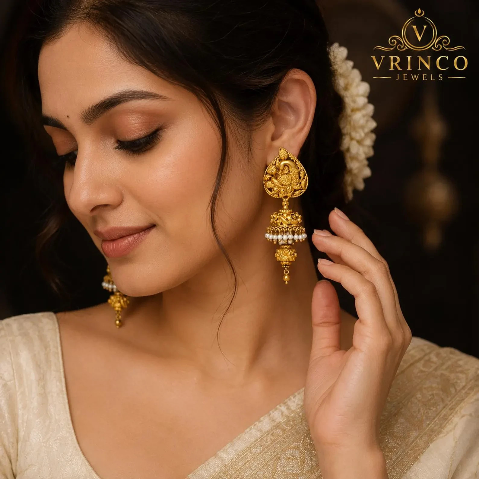 Kalapin 22KT Hallmarked Yellow Gold Long Jhumka Earrings Traditional Bridal Jewe