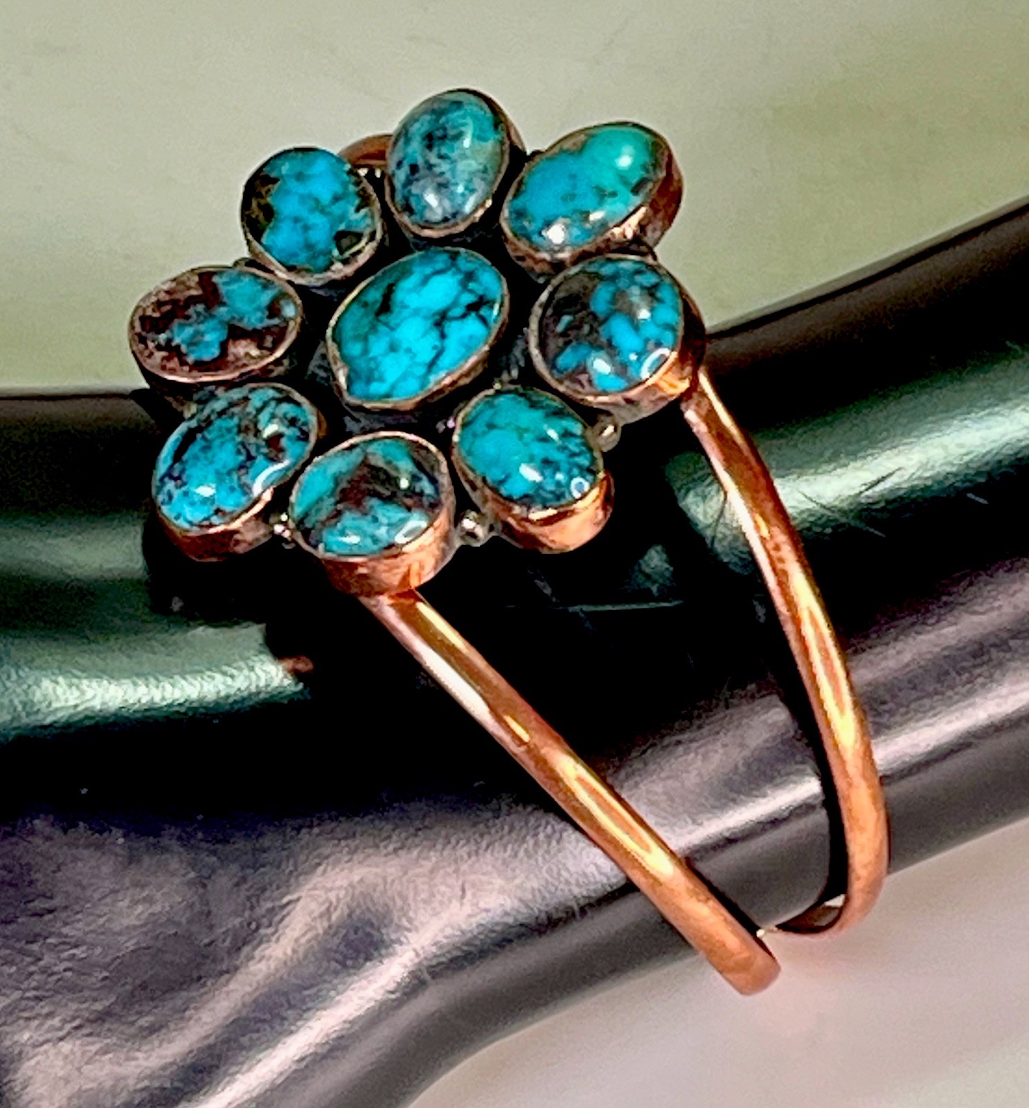 Southwestern Copper Hubei Turquoise Cluster Statement Cuff Bracelet Handmade