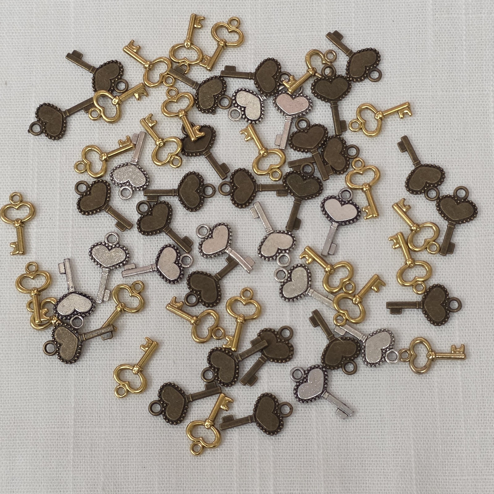 Lot of 50+ Mini Heart Key Charms Mixed Gold Silver Bronze Jewelry Craft Findings