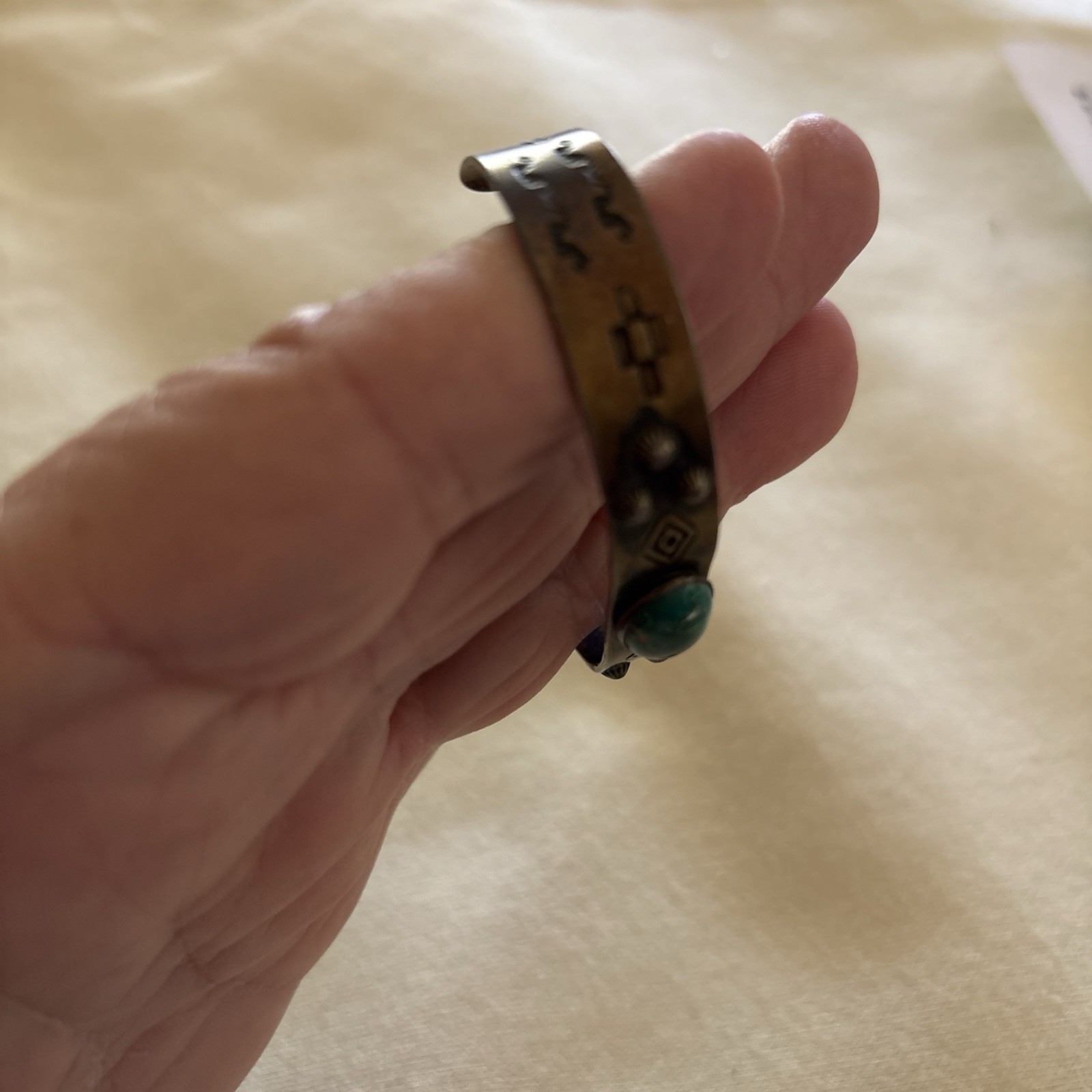 Fred Harvey Era cuff-stamped Sterling with Green Turquoise Stone