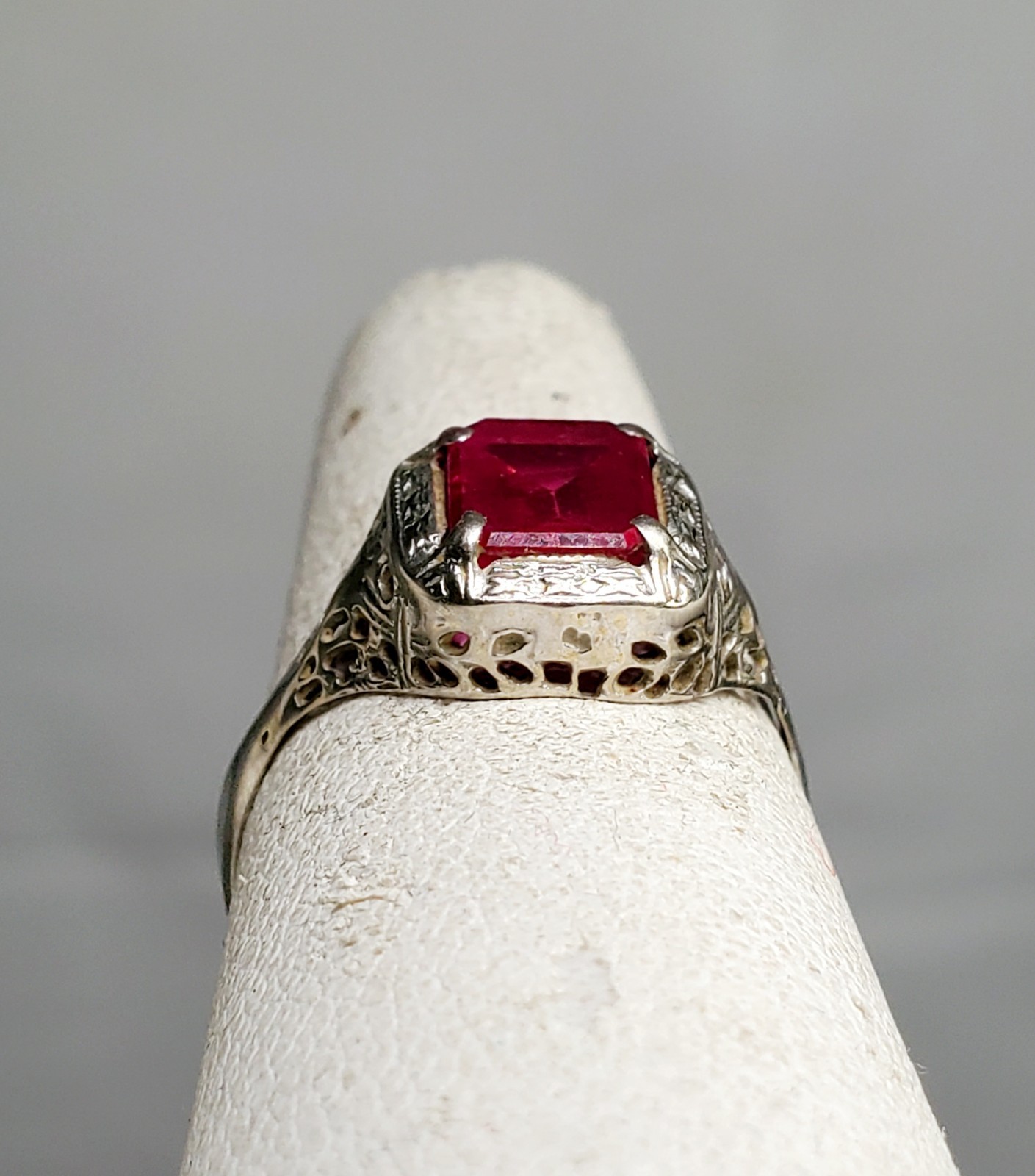 Antique Art Deco 14K White Gold Ruby Ring Victorian Size 7.75 | 2.29g