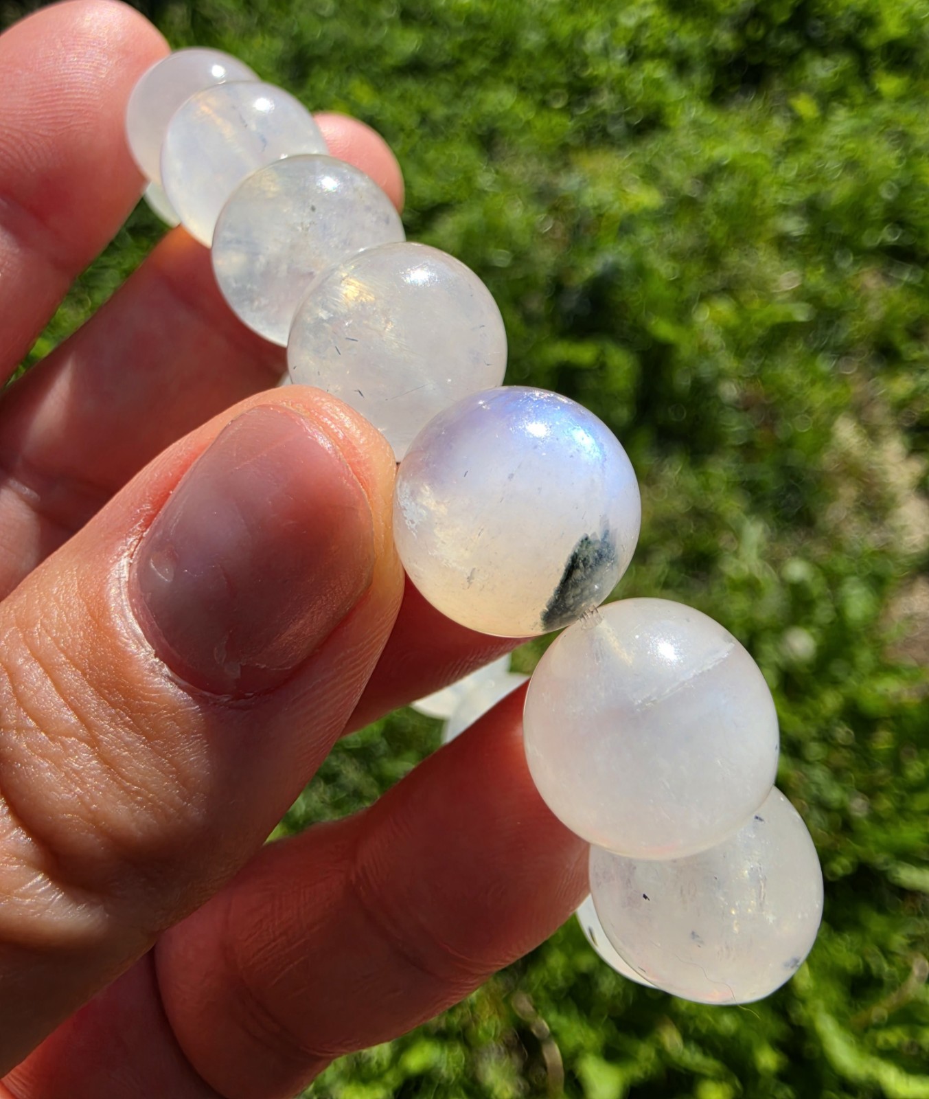 Natural Rainbow Moonstone Beaded Bracelet 13mm Blue Flash Crystal Healing AAAA+