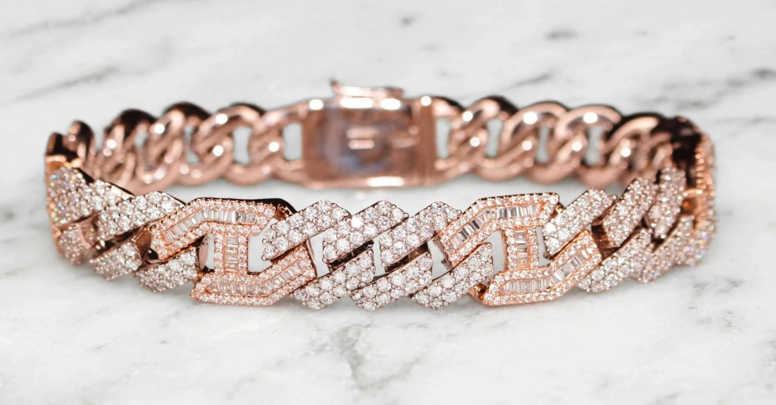 14 STAMPED 14mm FIGARUCCI 18ct Lab VVS1 Sim Diamonds Rose Gold Bracelet 93g