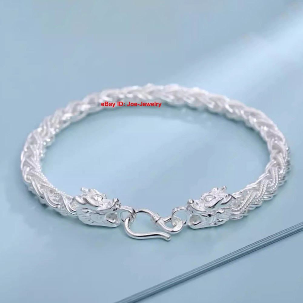Pure 999 Fine Silver Bracelet Dragon Head and Wheat Link Chain Bracelet 7.1-7.9″