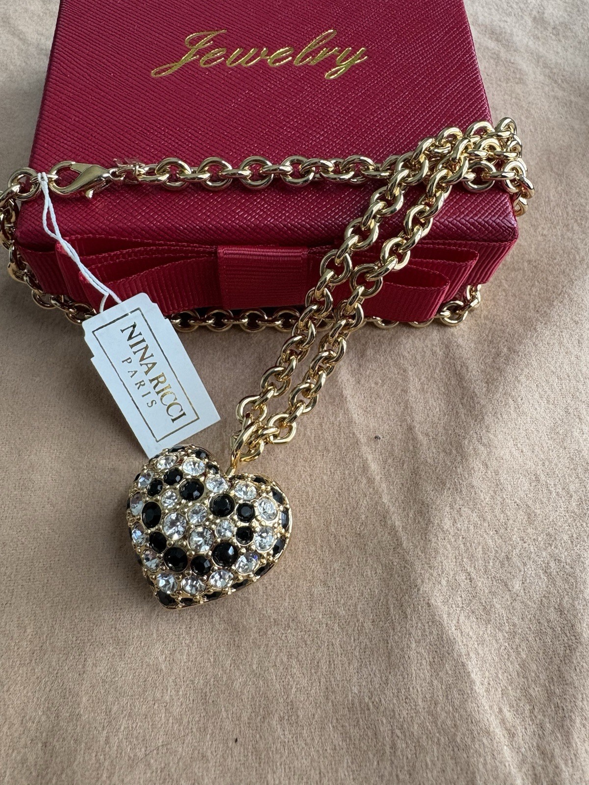 VTG Nina Ricci Gold Plated Heart Pendant Necklace Black Clear Crystal NWT NOS