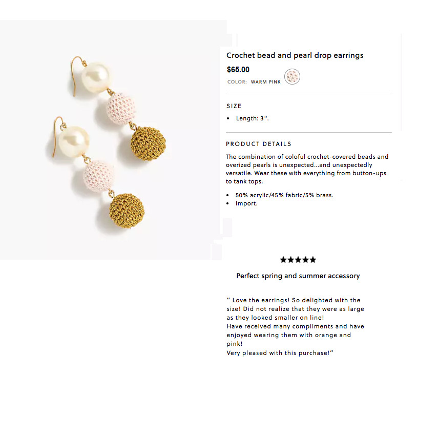 JCREW earrings drop ball dangle crochet pearl pink gold fun jewelry retro gift