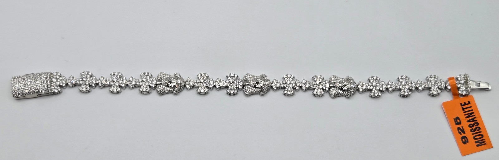 NEW 925 Sterling Silver MOISSANITE Jesus Face & Cross Bracelet, 9in Icey