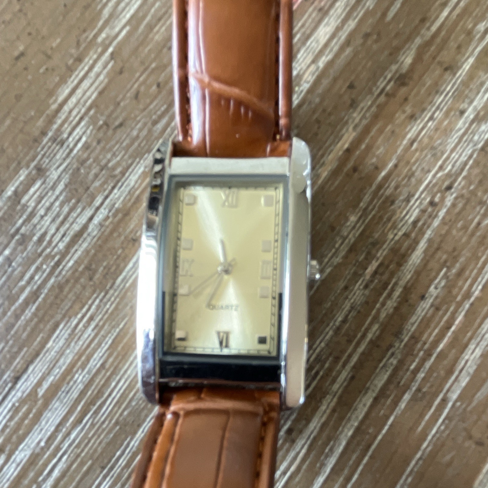 Quartz Rectangle Analog Dress Watch Gold Dial Roman Numerals Brown Leather Strap