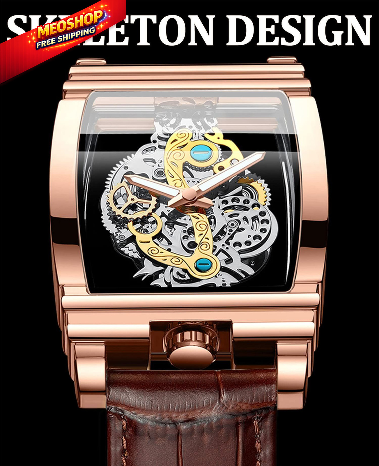 Men’s Luxury Hollow Skeleton Watch Retro Gorgeous Gear brown rose gold