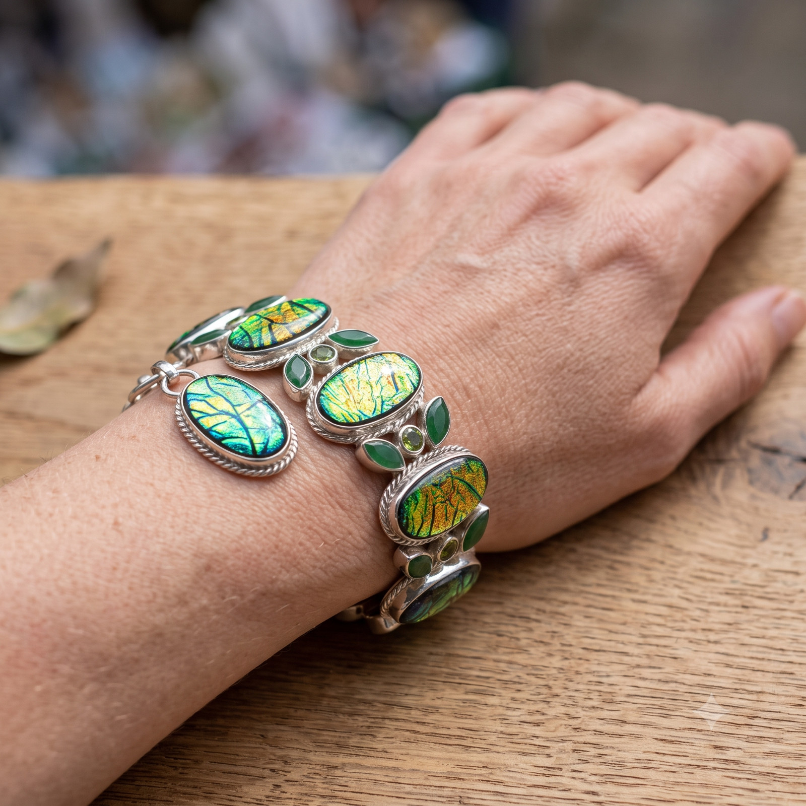 Genuine Triplet Fire Opal Green Onyx 925 Silver Mother New Chain Unique Bracelet