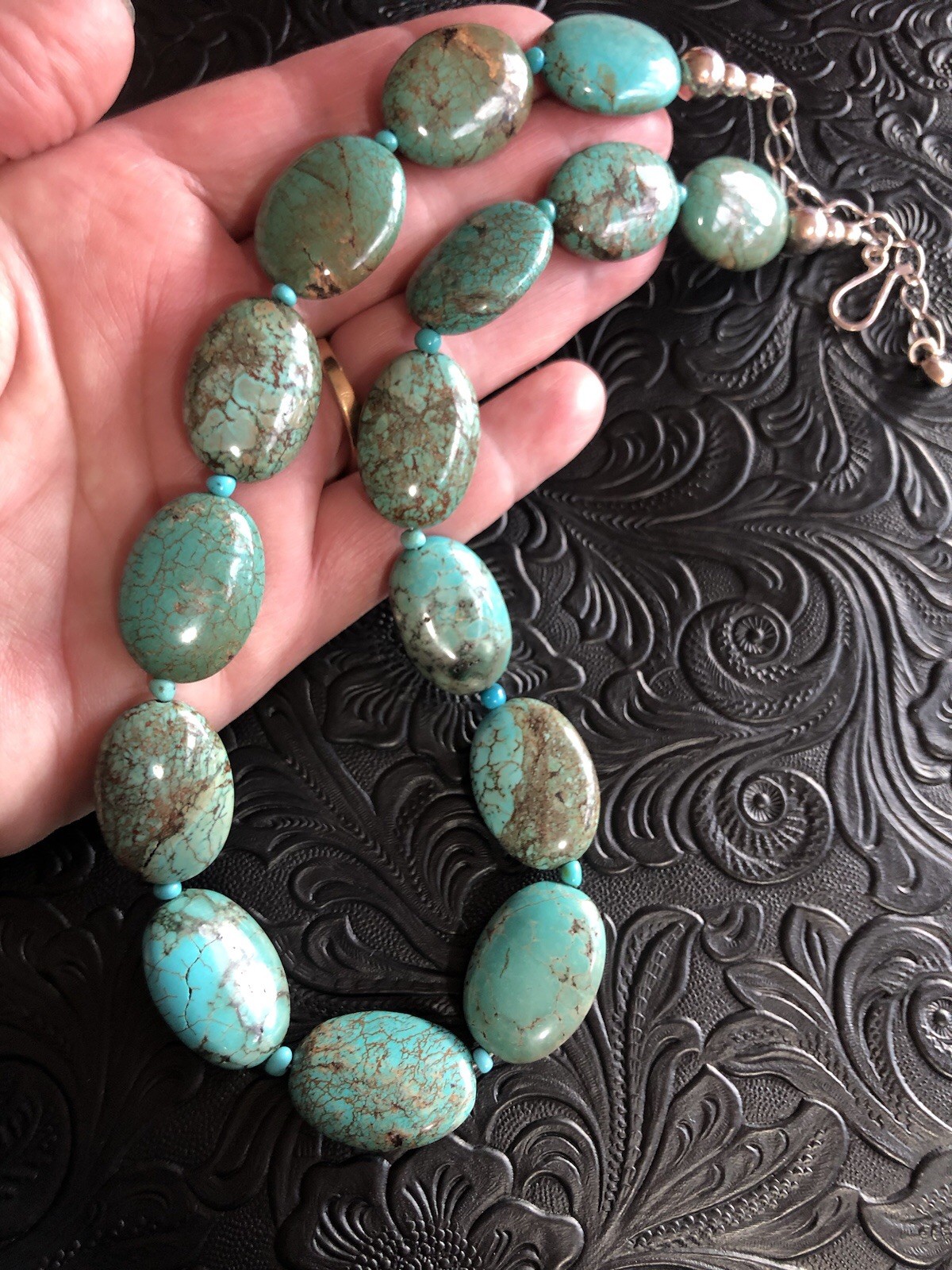 Hubei Turquoise Oval Nuggets 18”-21” Heavy Bead Necklace DR925 Hook Clasp