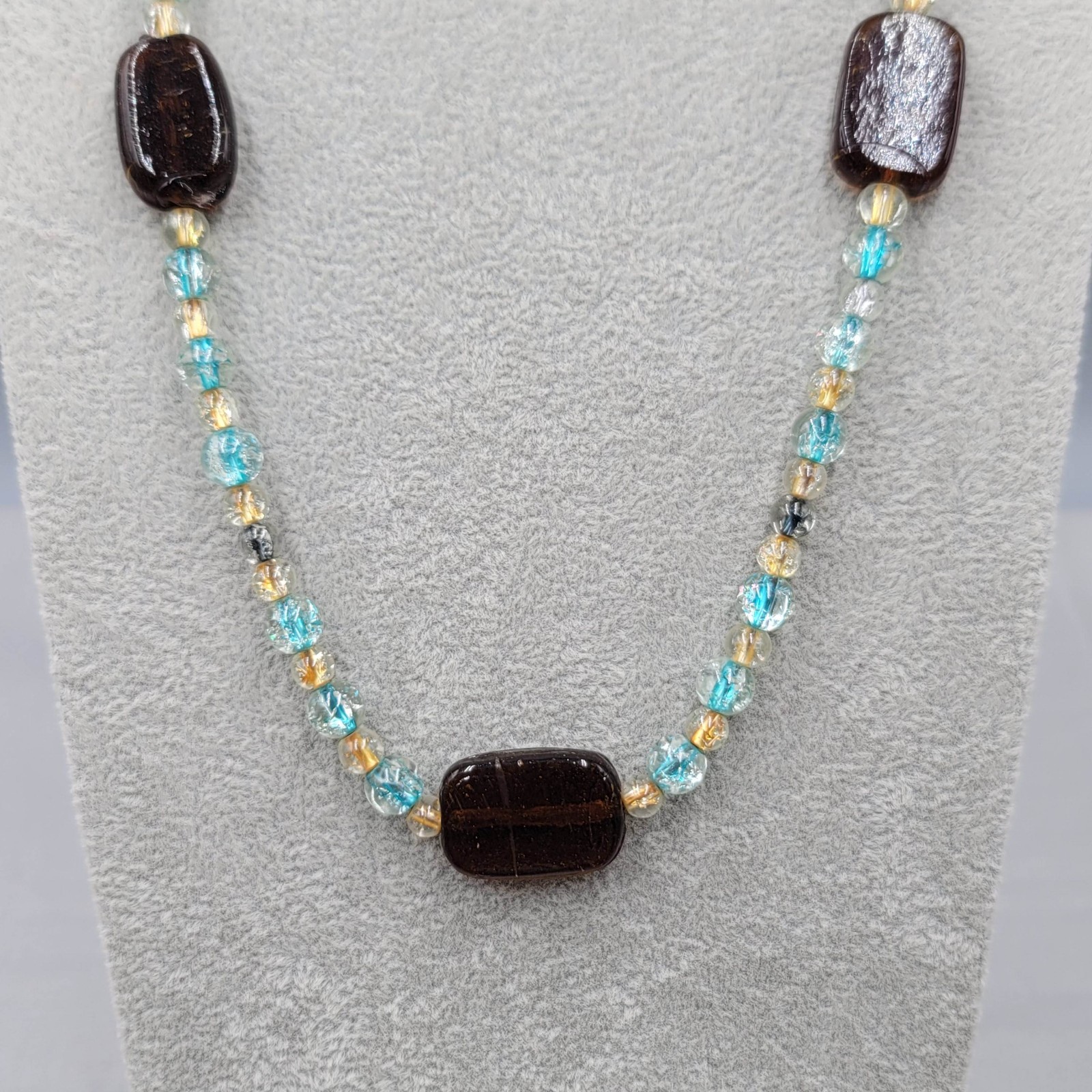 Artisan Brown Yellow Blue Glass Bead Necklace 28 in