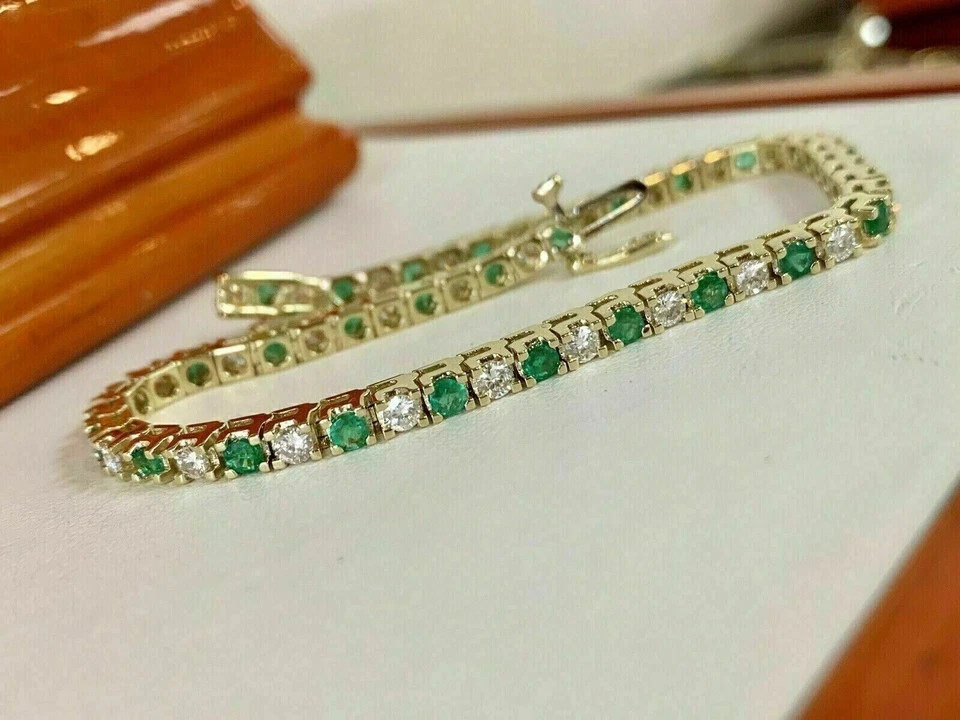 8Ct Round Cut Lab Created Emerald Womens Tennis Bracelet 14k Yellow Gold Finish