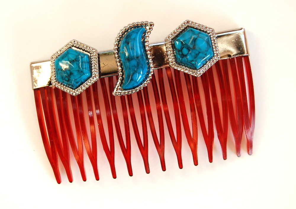 VINTAGE TORTOISE PLASTIC HAIR COMB TURQUOISE PLASTIC SOUTH WESTERN STYLE