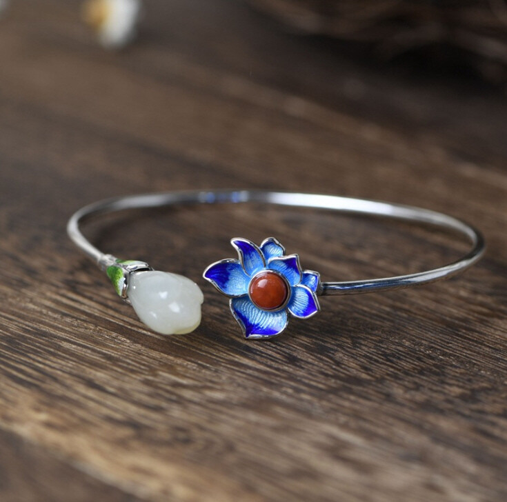 I05 Cloisonne Bangle Silver 925 Blue Green Petals White Jade Agate