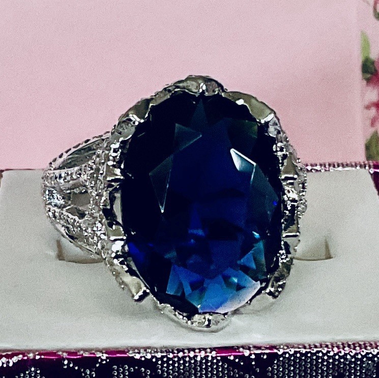 BLUE SAPPHIRE RING – 18X13mm Or 14.2ctw – TOTALLY ENCRUSTED .925 SS SETTING !!!