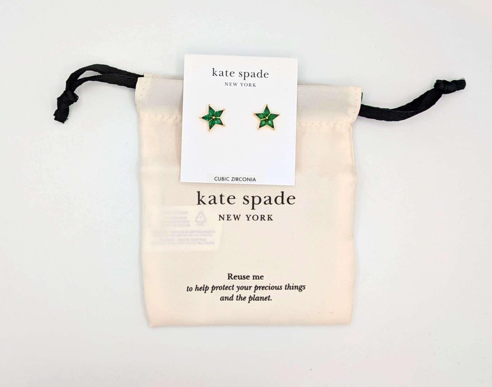 Kate Spade NY COSMOS Star Goldtone & Green Cubic Zirconia Stud Earrings w/DB