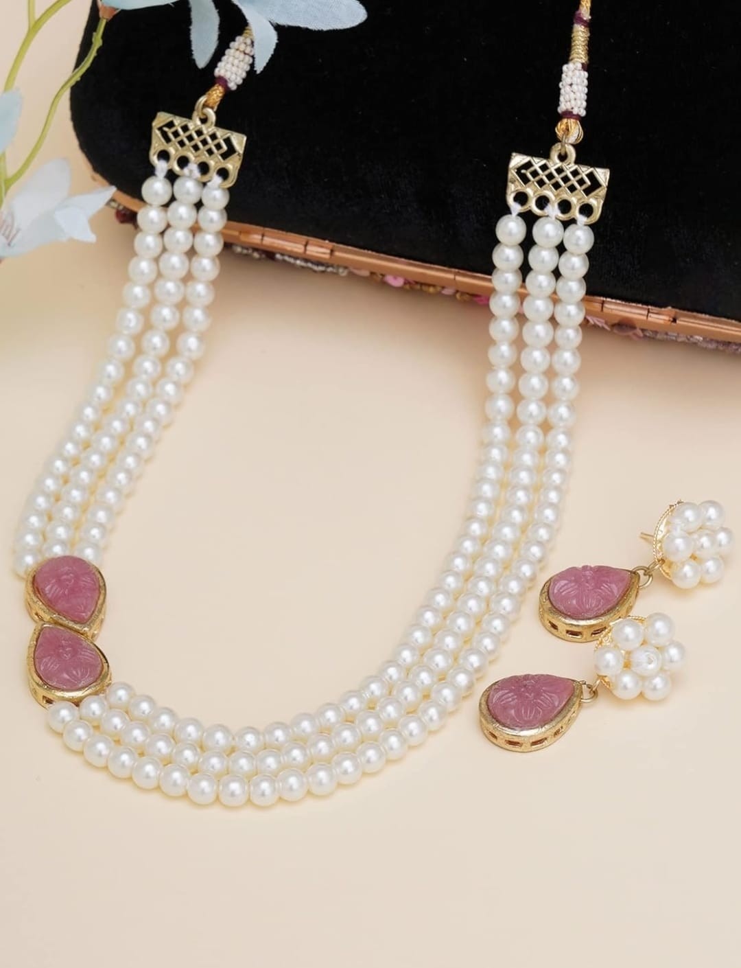 Indian bollywood imitation pearl necklace set with light brown stones for women