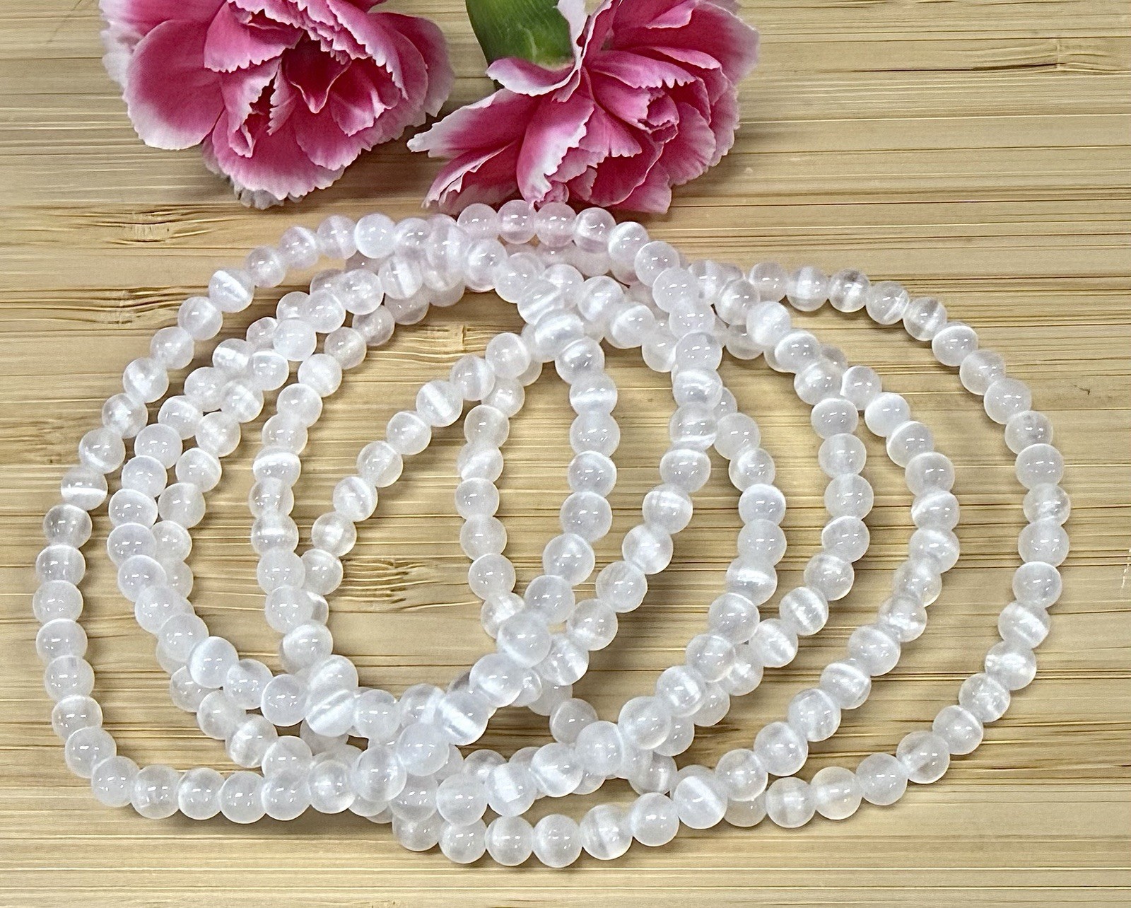 Wholesale 6 Pcs Natural Selenite (Satin Spar) 4mm Crystal Stretch Bracelet 7.5″