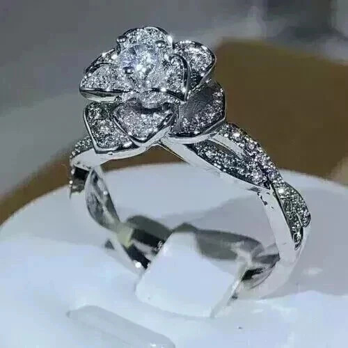 2Ct Round Cut Lab Created Diamond Women’s Rose Shape Ring 14K White Gold Plated
