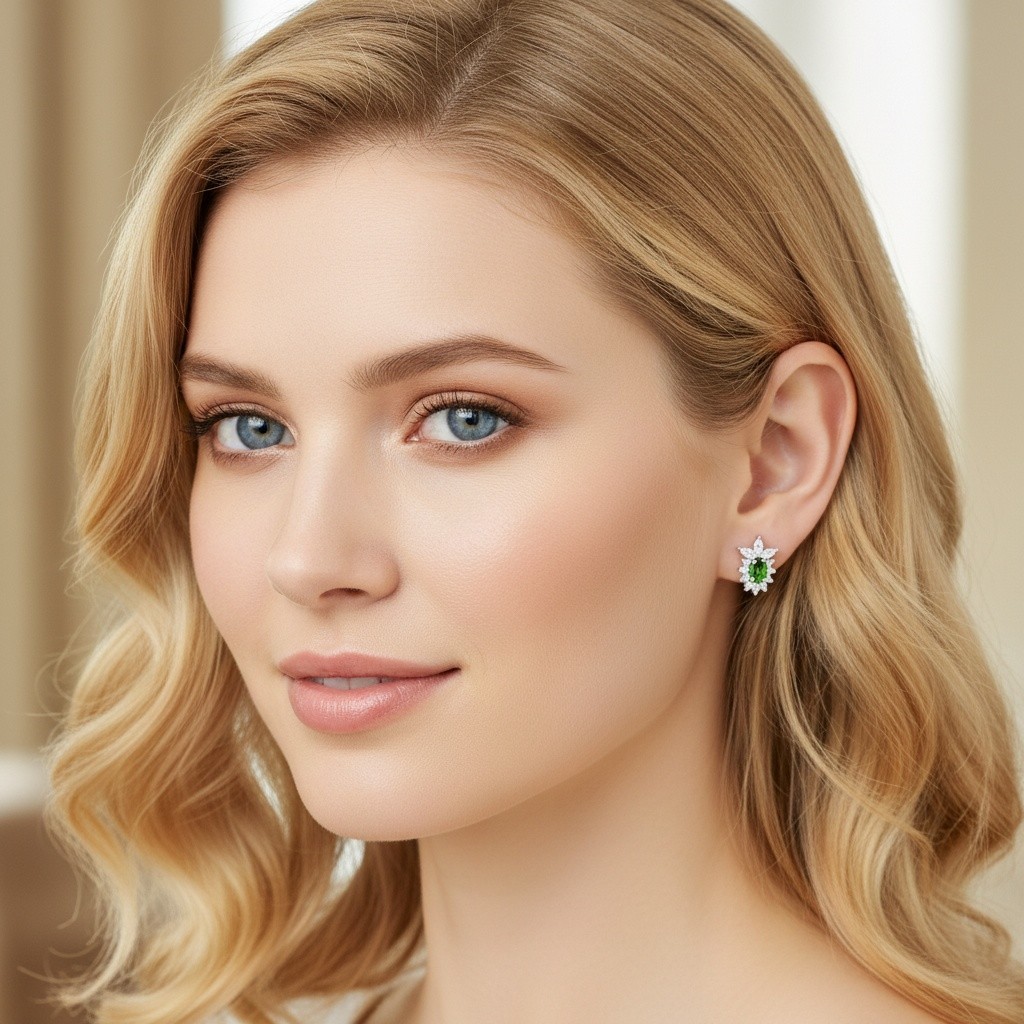 925 Sterling Silver Earrings 4x3mm Natural Diopside Gemstone Zircon Flower Stud