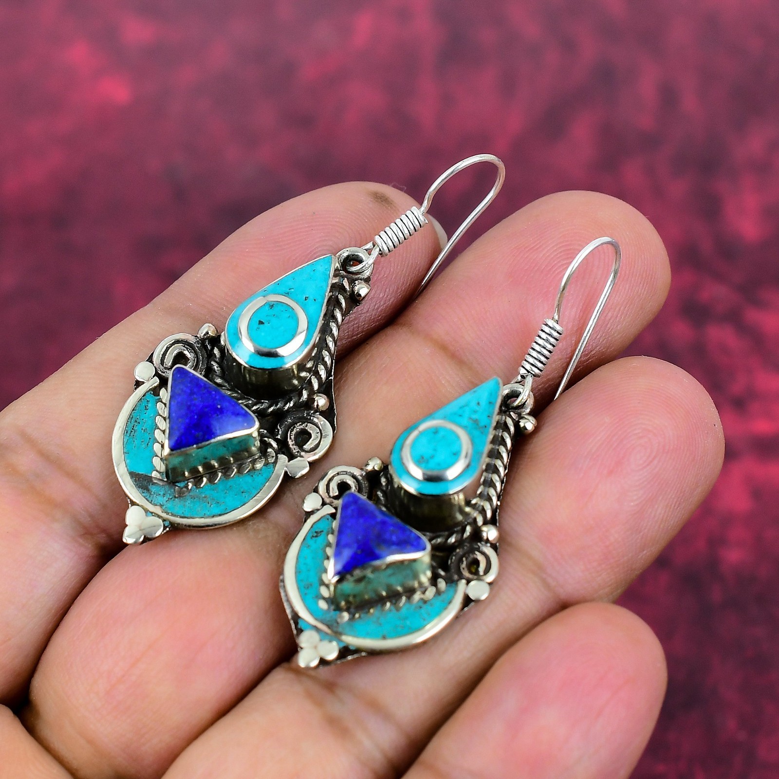 Turquoise & Lapis Lazuli Gemstone 925 Silver Earrings Handmade Nepali Jewelry