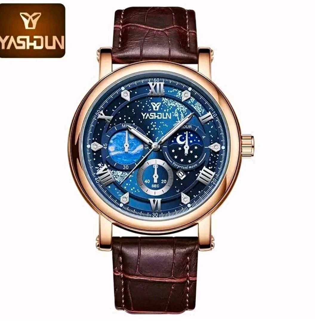 Men’s Quartz Moon Phase Watch Blue Dial Luminous, Brown Leather