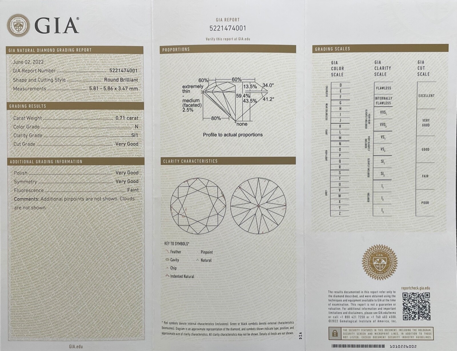 Beautiful Diamond .71 Carat N Color SI1 Clarity Cut Grade Very Good GIA Cert.