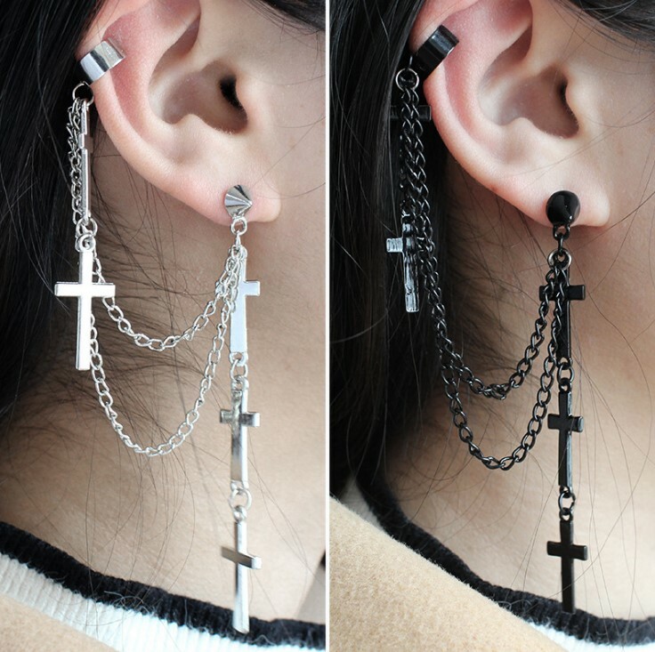 Gothic Punk Cuff Dangle Drop Cross Earrings Long Chain Stud Tassel Earrings P29