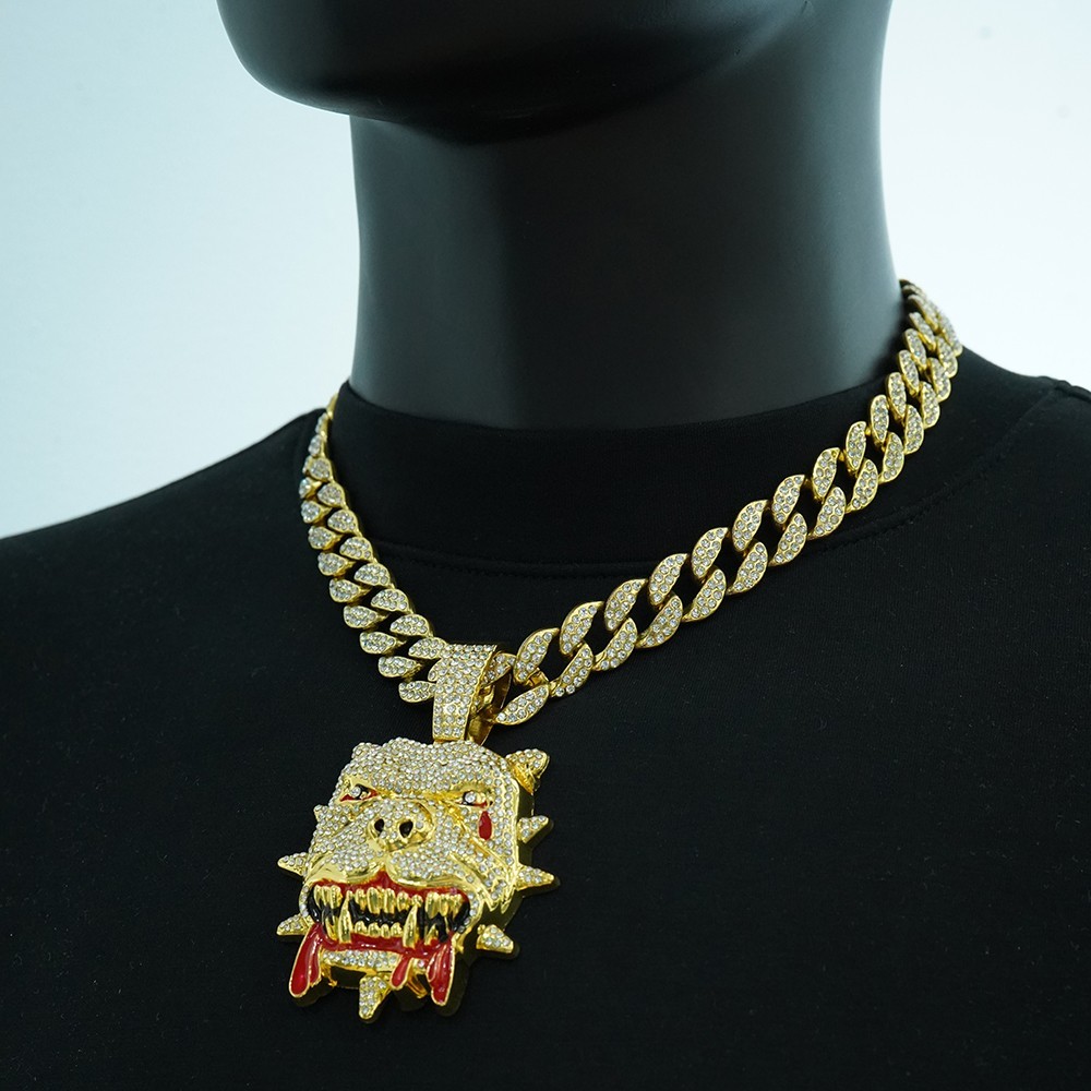 Hip Hop Iced CZ Bling Bulldog Pendant Necklace 13mm Crystal Chain Mens Jewelry