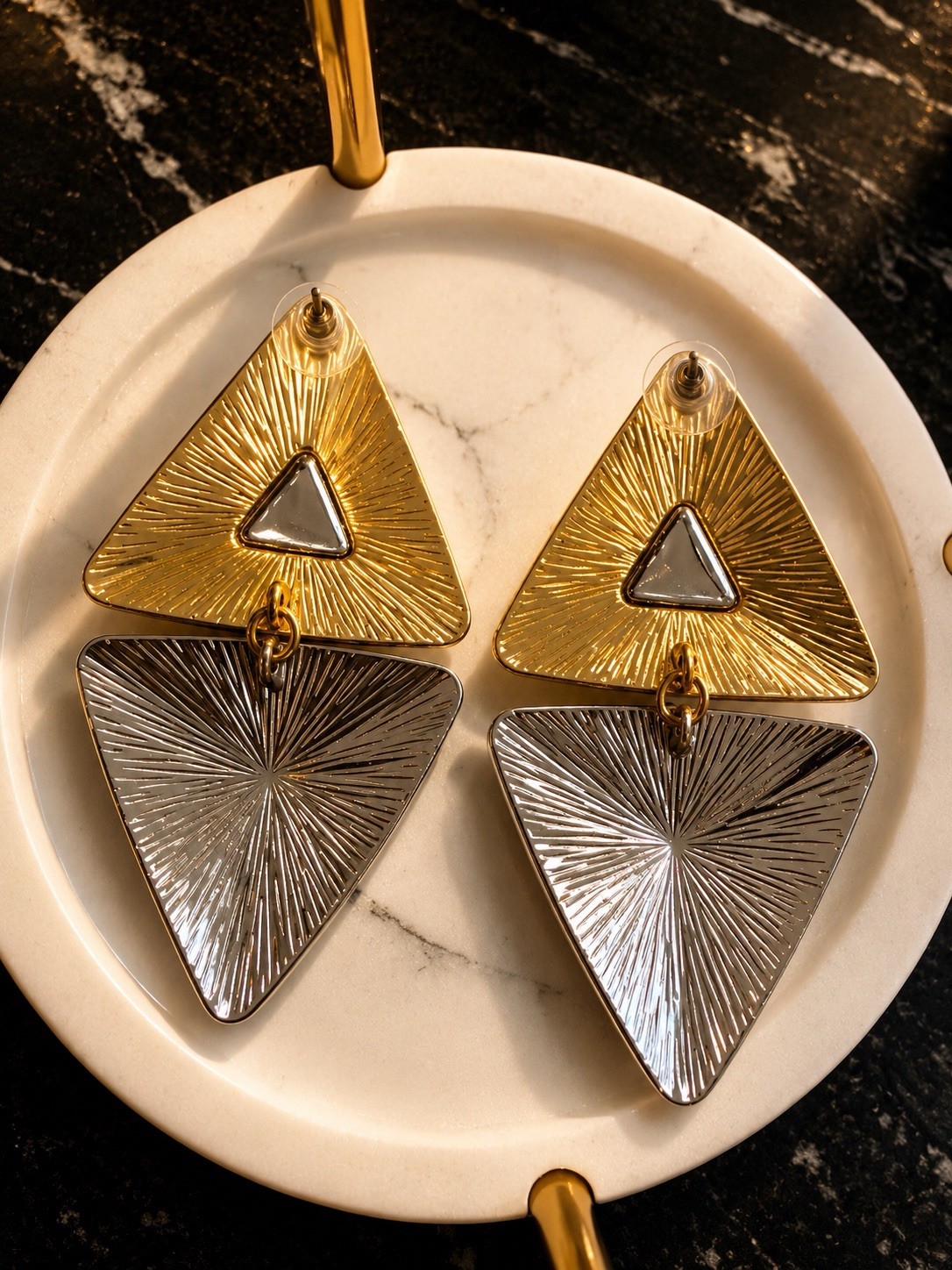 Earrings Triangle Dangle Gold Tone Silver Tone Metal Lobe No Stone