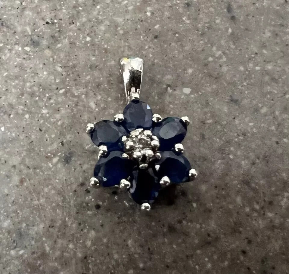 14K White Gold Plated Blue Sapphire Lab Created Diamond Flower Pendant Necklace
