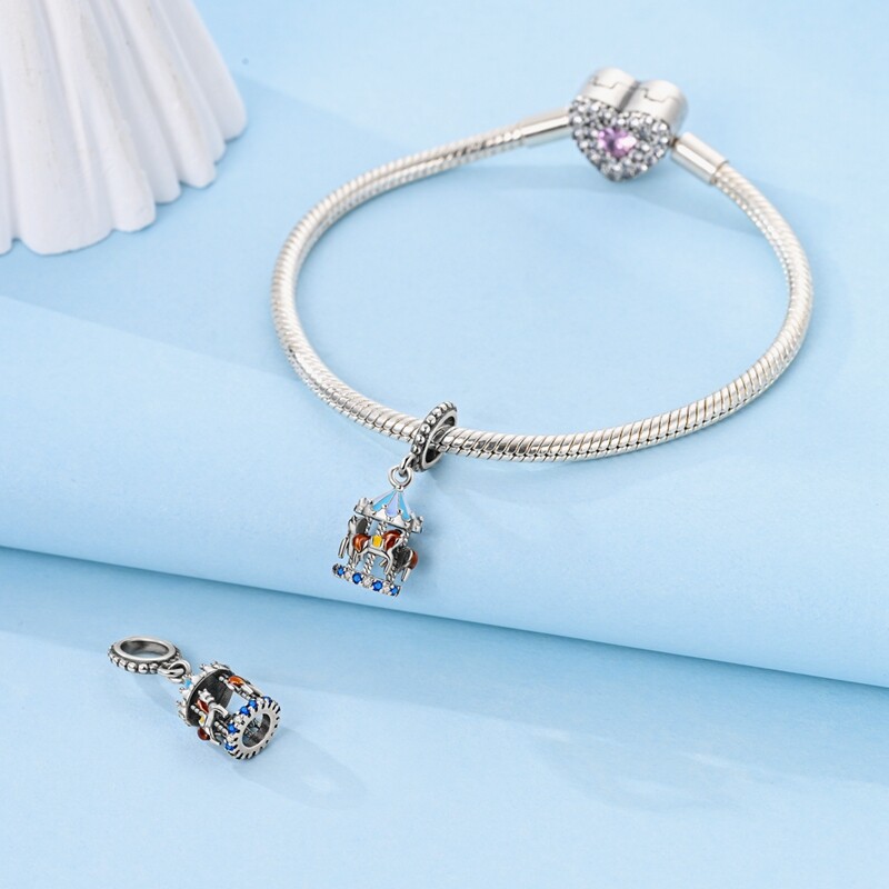MULA 925 Sterling Silver DIY Charm CZ Enamel Blue Carousel For Women Bracelet