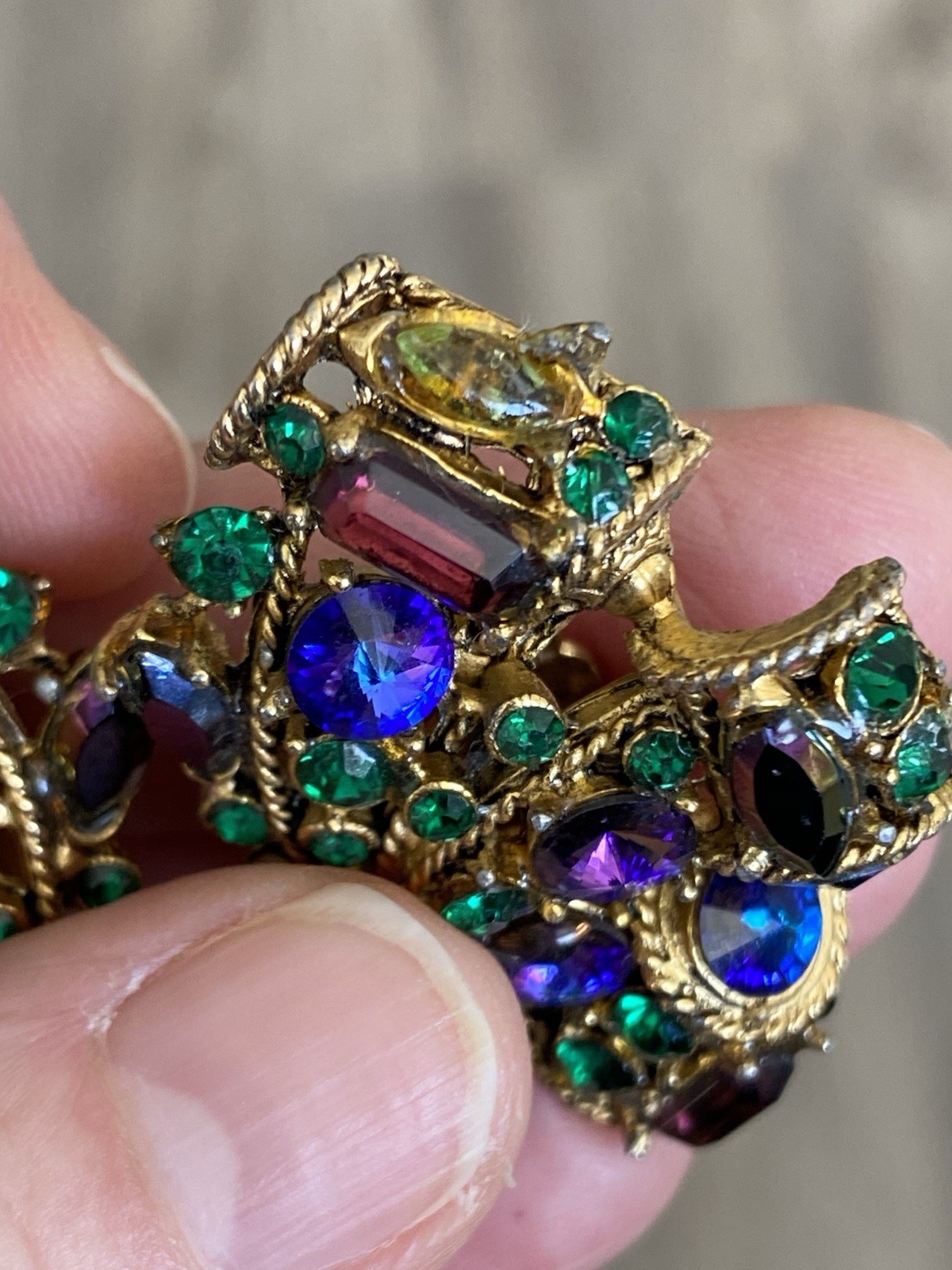 Vtg Blythe & Blythe Purple/ Blue Rivoli Stones Amethyst Baguette Clip Earrings