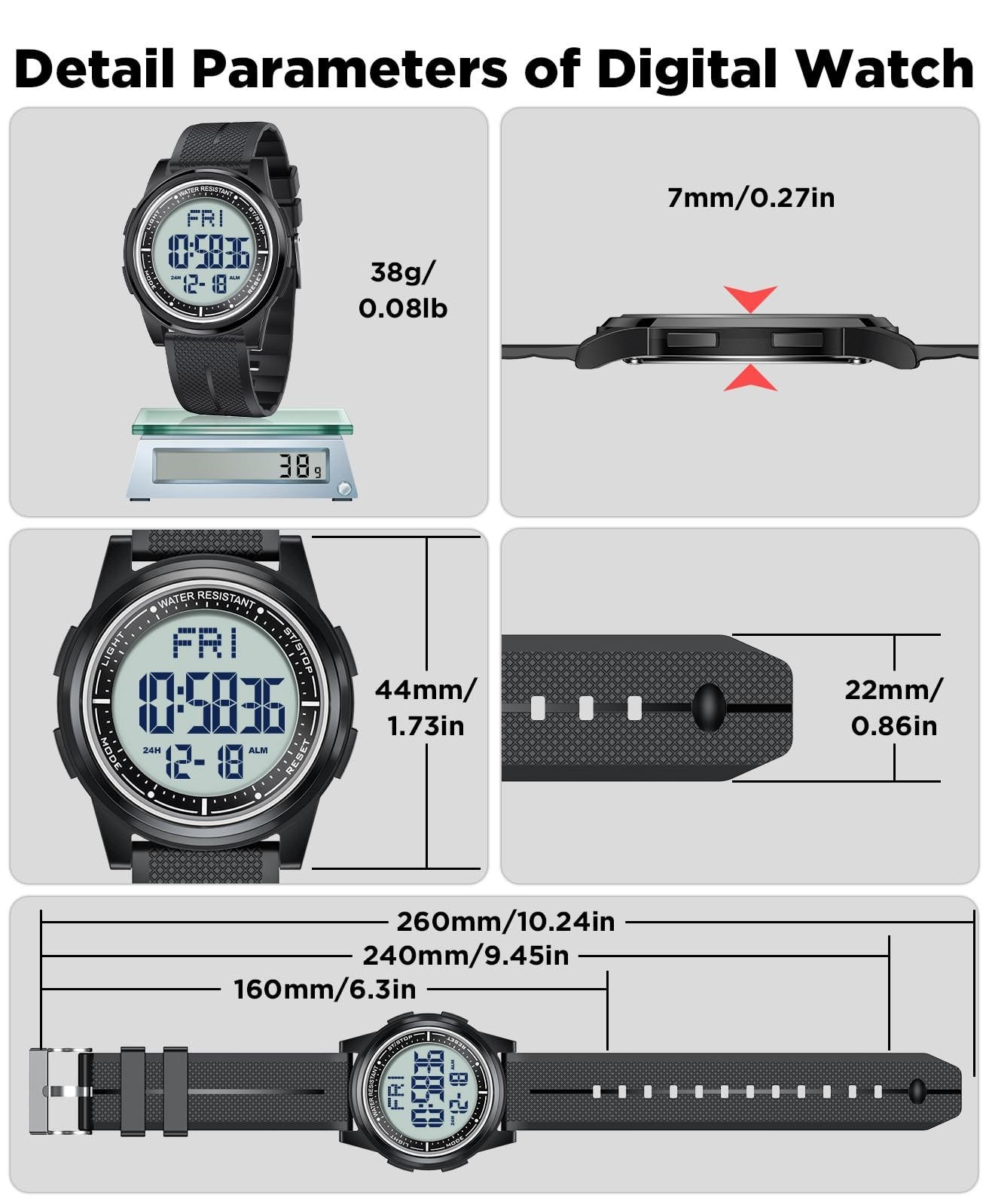 Digital Sports Watch 50M Waterproof, Ultra-Thin Lightweight, 44mm Silicone, Alar