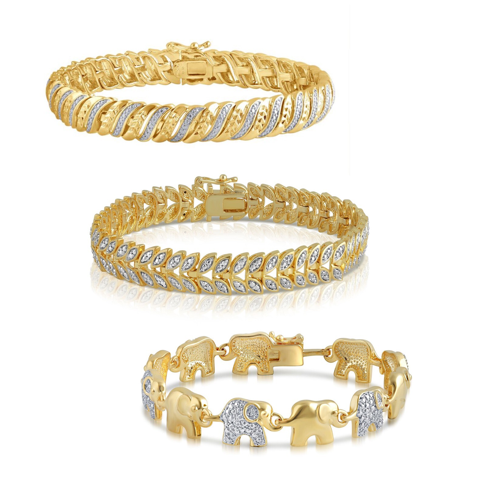 14K Yellow Gold over Brass Diamond Accent Bracelet (Leaf, Elephant, S Design)