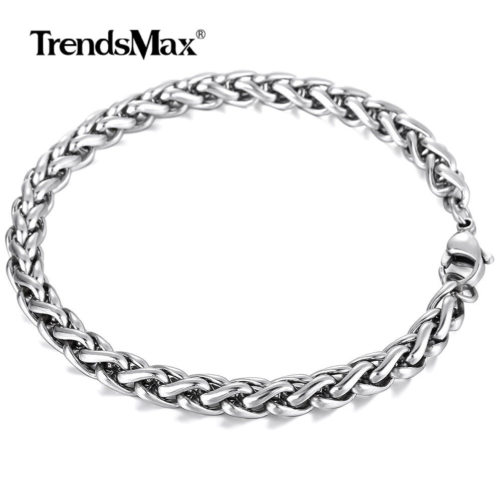 6mm 7″-10” Round Wheat Chain Bracelet Men Boys Silver Stainless Steel Link Clasp