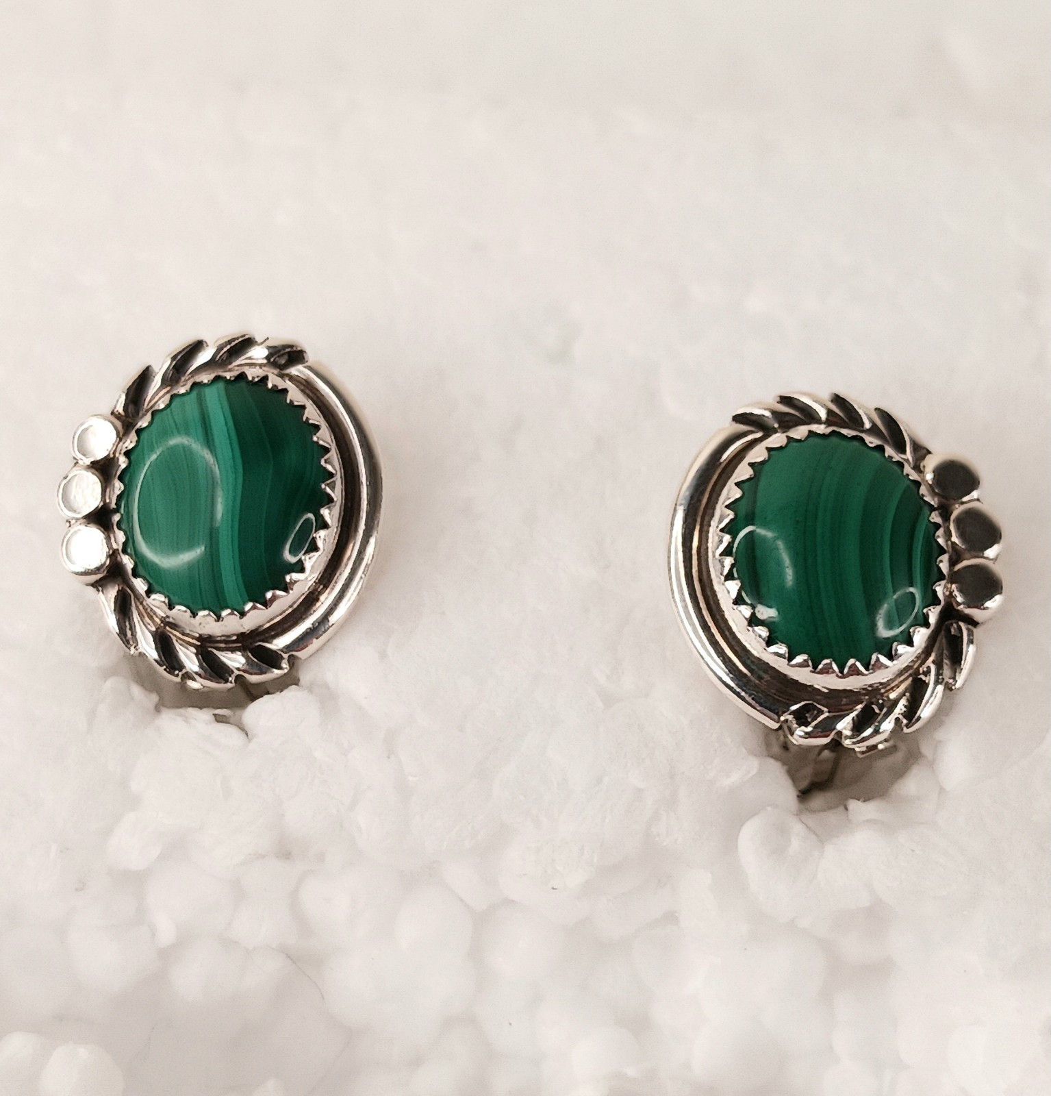 Earrings Clip Vintage Mexico 925 Sterling Malachite Scroll Work Classic Timeless
