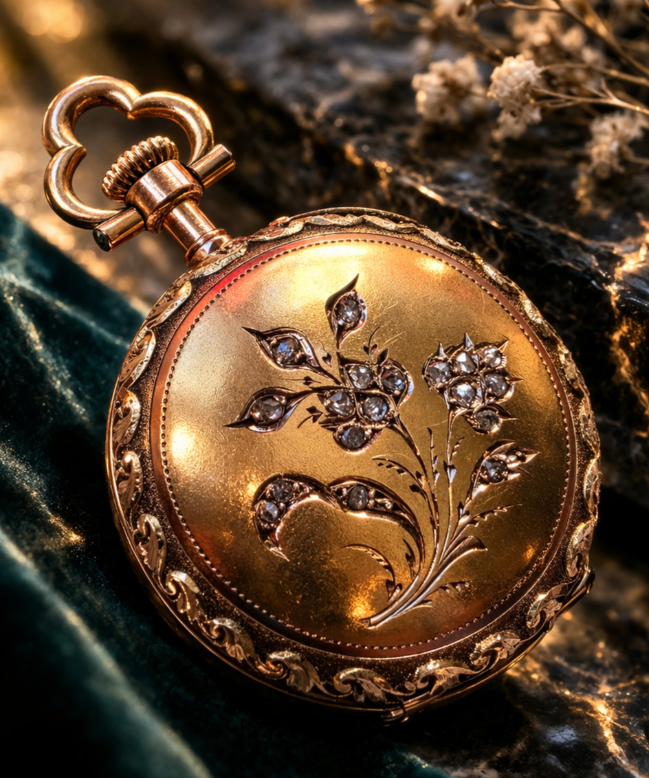 Antique Jaeger LeCoultre 18K Gold Pocket Watch Diamond Set Case Rare Collectible