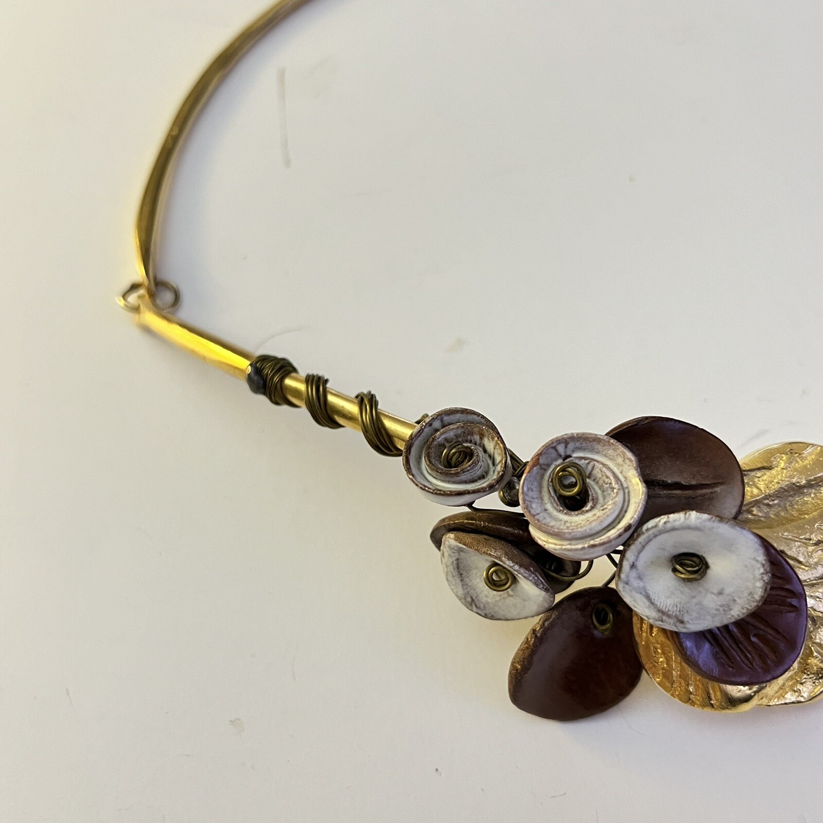 Necklace Designer Mimi Choker 10” Signed Cast Brass Floral Center Vintage