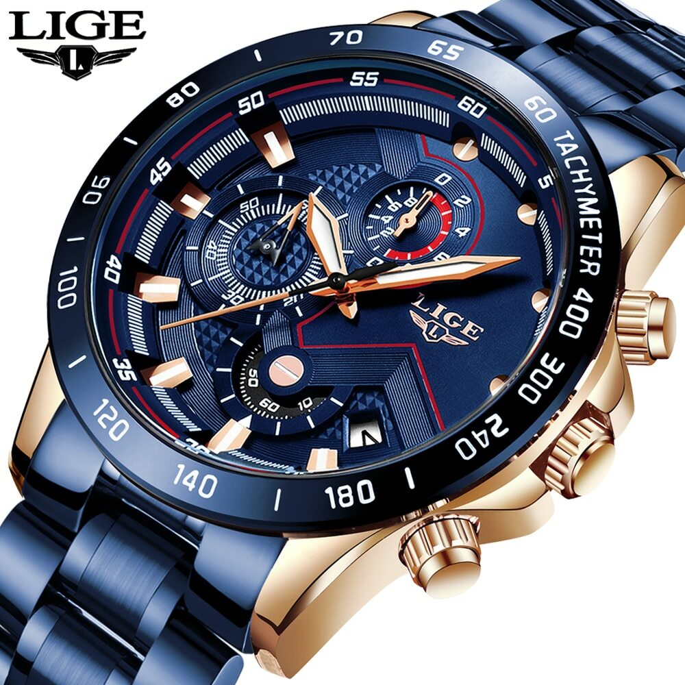 Montre Homme acier inoxydable LIGE Quartz Analogique étanche Lumineux date mode